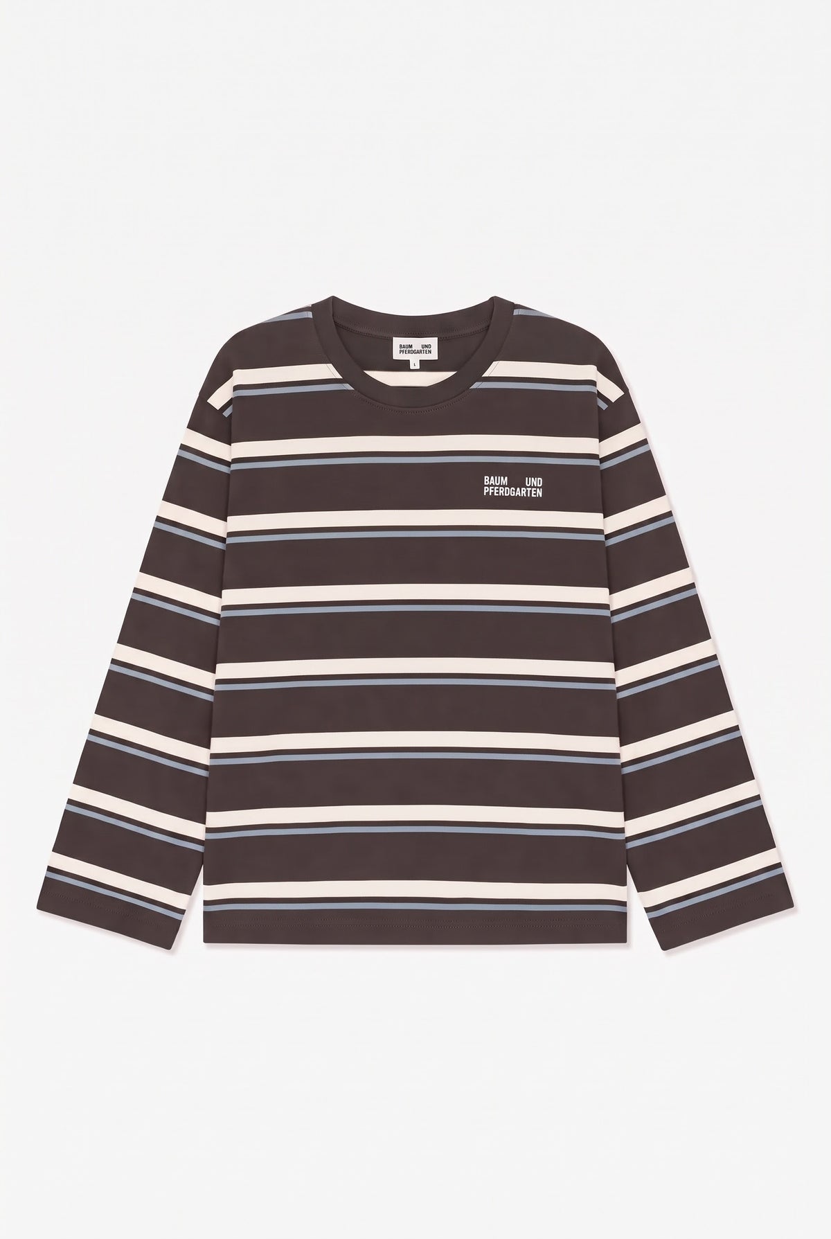 Front view of a dark brown long-sleeved crewneck top with broad cream and thin blue horizontal stripes and a chest logo.